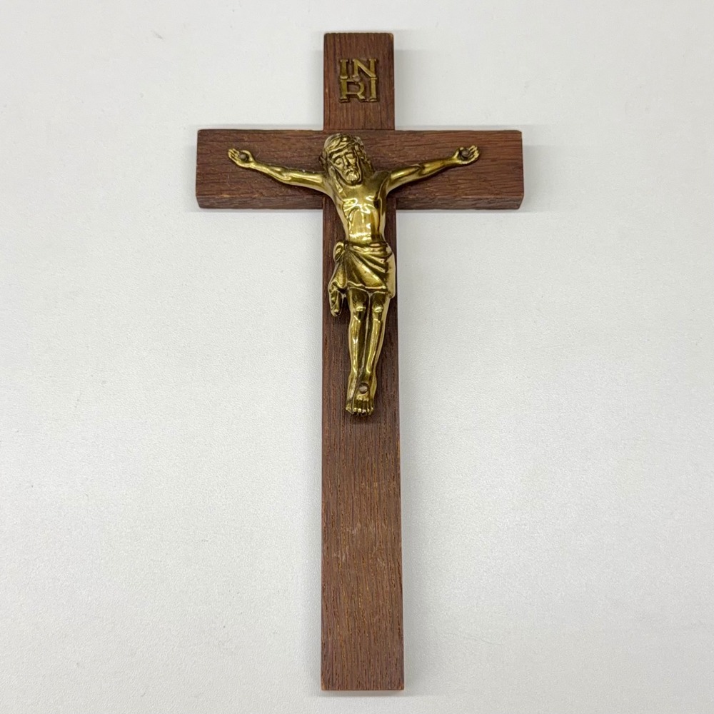 Vintage Wood and Brass Crucifix Wall Cross Made in Germany Religious Home Decor